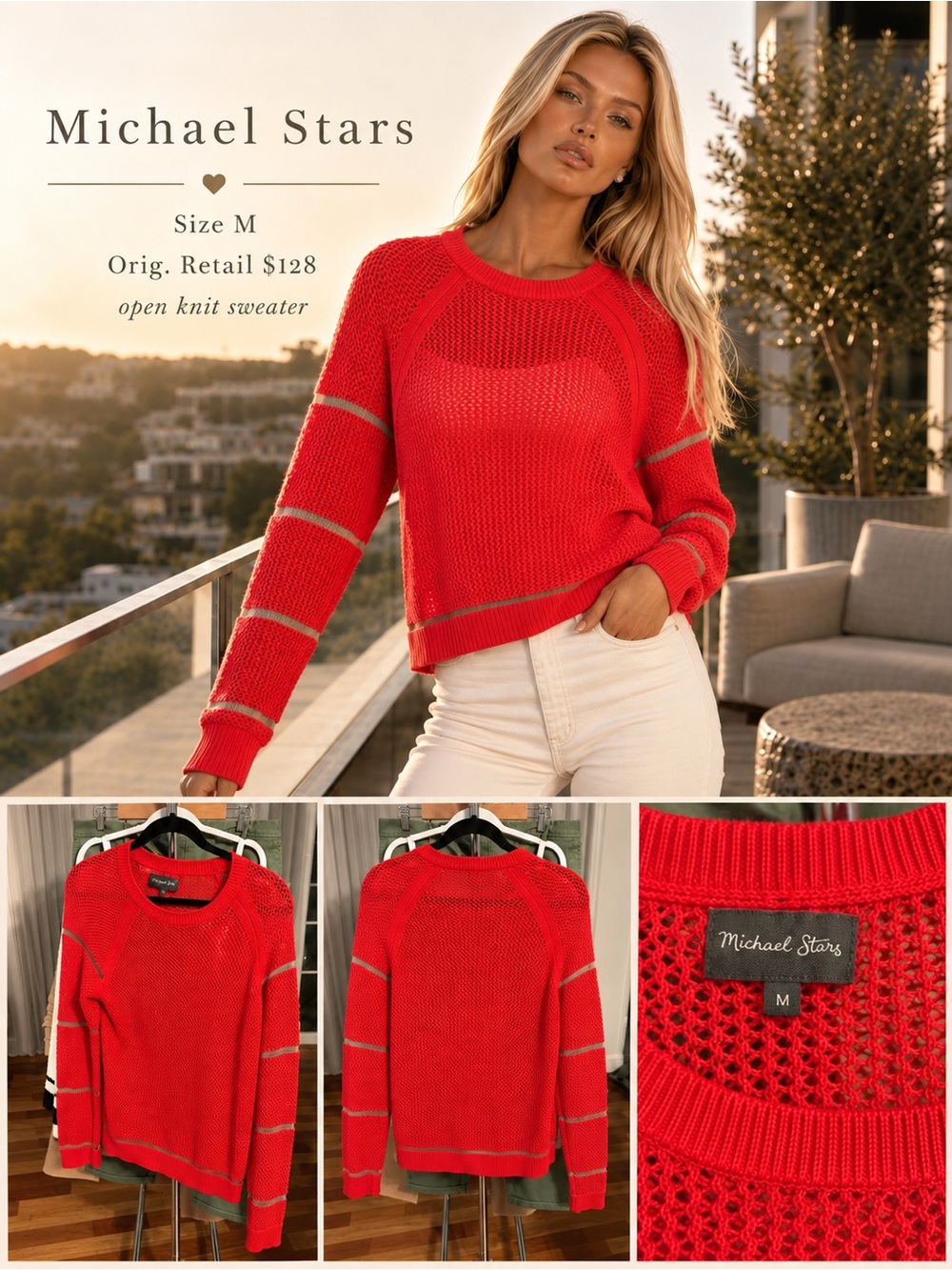 Michael Stars Red Open Knit Crewneck Sweater with Silver Stripe Detail